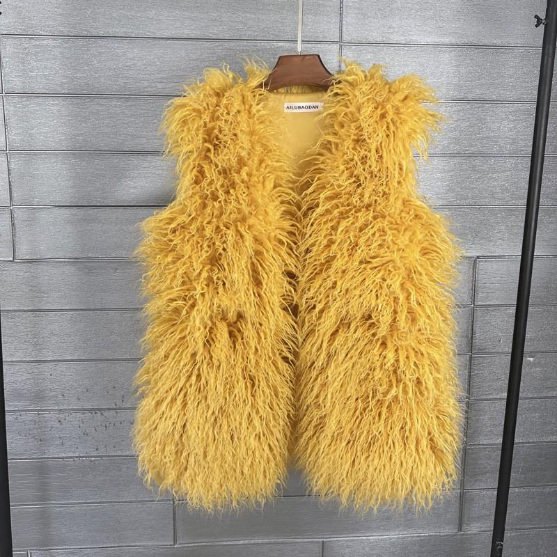 Plus Size Faux Shearling Vest Mid-Length Fur Coat Warm Sleeveless Jacket Women