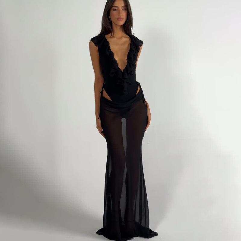Summer new product light mature casual pleated streamer design big halter slim hip wrap suspender dress long dress S