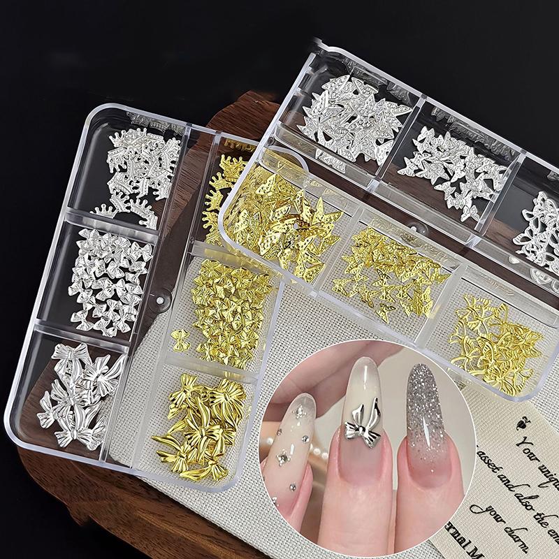 6/12Grids Metal Bow Nail Art Charm Gold Silver 3D Star/Cross Nail Rivet Starlight Nail Decoration Parts Diy Manicure Accessories