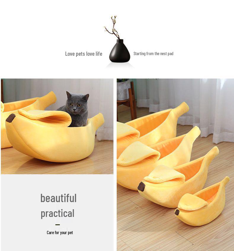 Banana-Shaped Easy-Clean Semi-Closed Pet Bed with Blanket for Cats and Dogs, All-Season