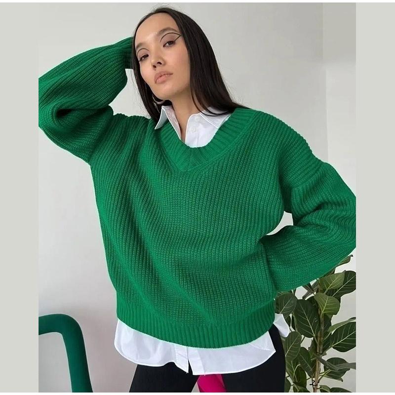 Autumn and Winter Women's Knitted Sweater Casual Pure Color Long Sleeved V-neck Pullover