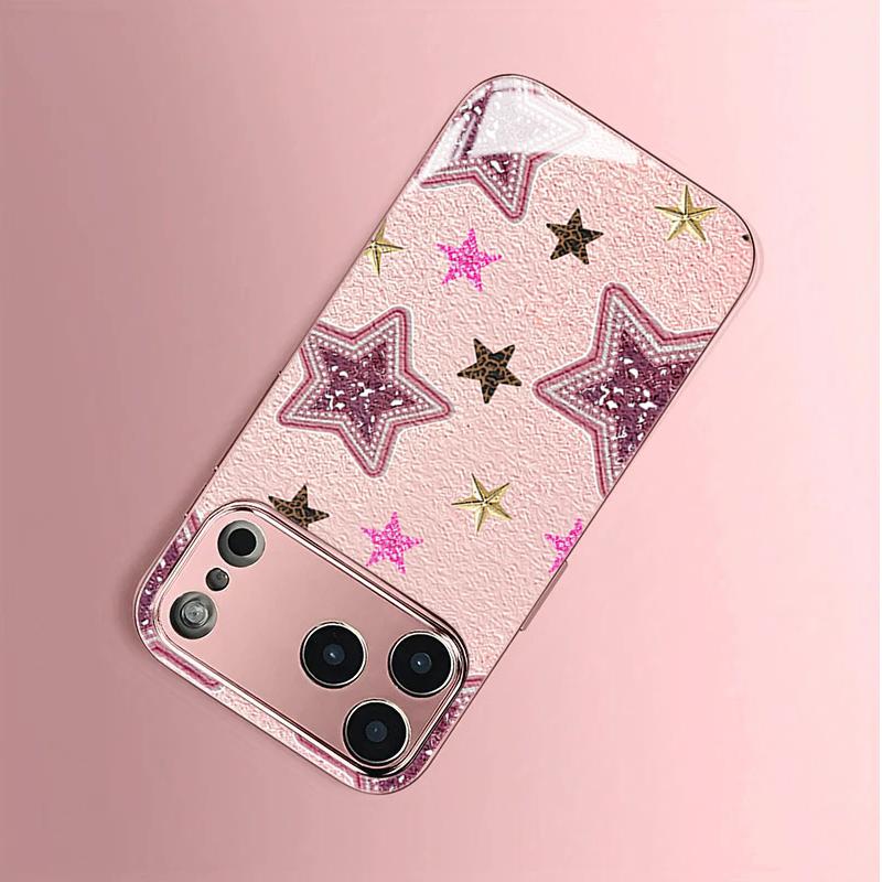 Sparkling Pink Star Tempered Glass Phone Case for iPhone 17 16 Pro Max 15 14 Plus 11 12 13 Pro Max 16E 17Air Protection Cover