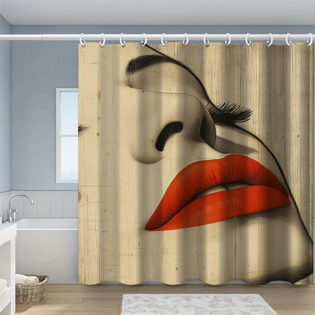 Moderner Duschvorhang im nordischen Stil - Kräftiger roter Lippen-Kunstdruck, Hintergrund mit Holzmaserung, Polyester, Waschbar, Inklusive Haken
