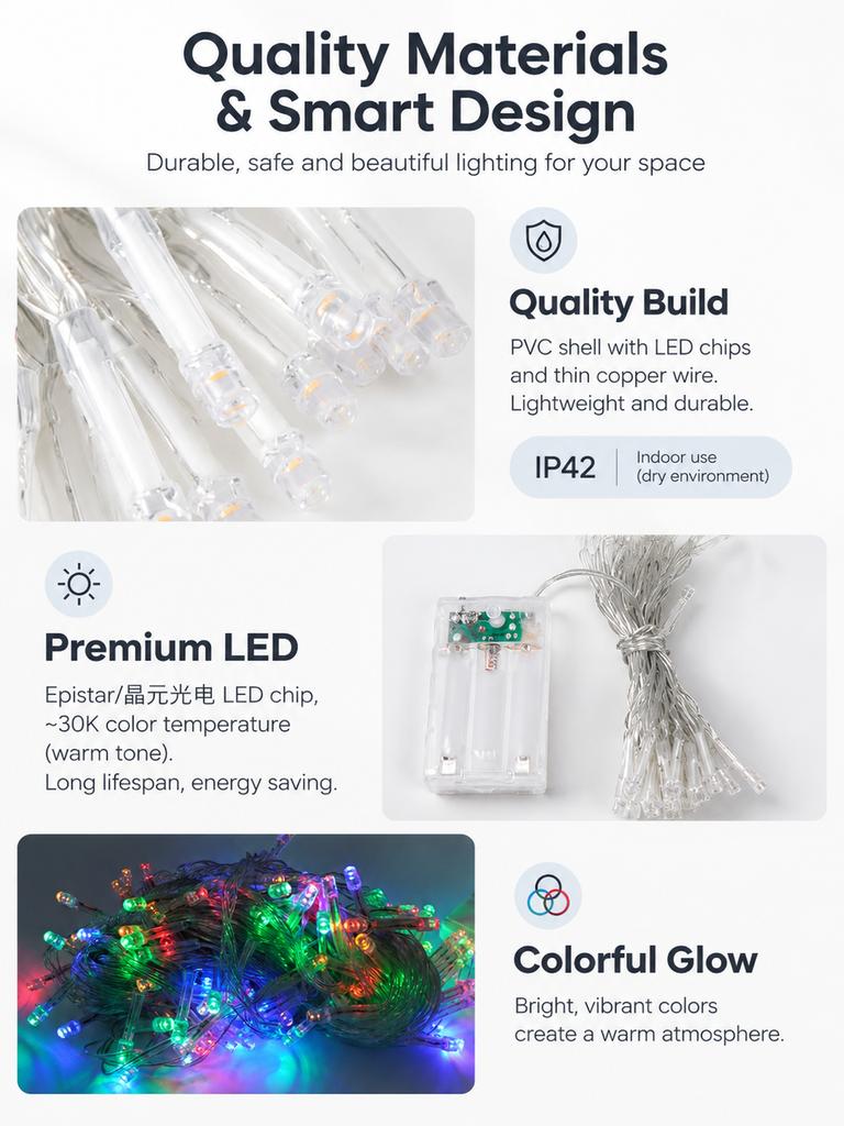 LED Fairy String Lights (20 Bulbs, Multicolor, with 3x AA Battery Box)