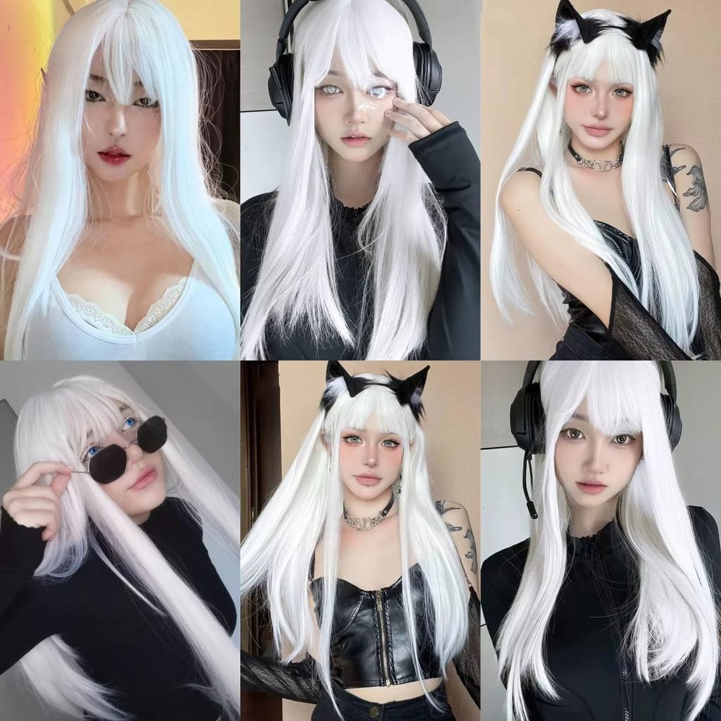 White Long Straight Synthetic Wigs for Women Colorful Cosplay Party Fake Hair with Bangs White Wig HighTemperature