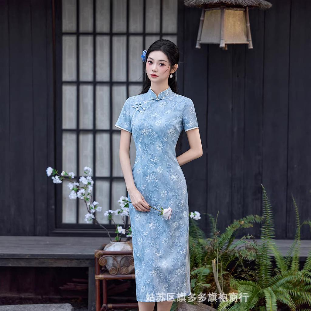 Blue cheongsam 1011 new improved women's summer beautiful new Chinese daily wear ancient French women's clothing