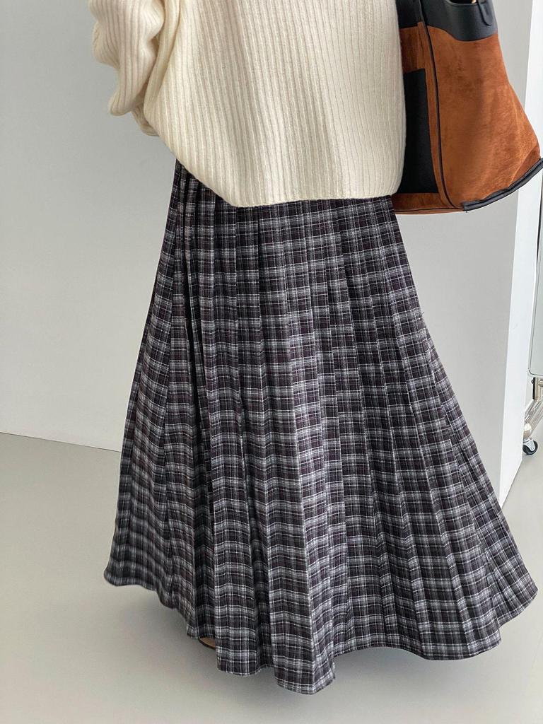 Korean Retro Plaid High Waist Midi Skirt - Women's Versatile A-Line 