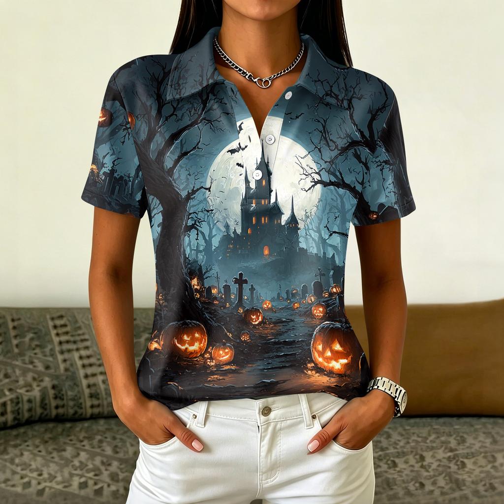 Women's Casual Button Short Sleeve Collar Top with Halloween Print