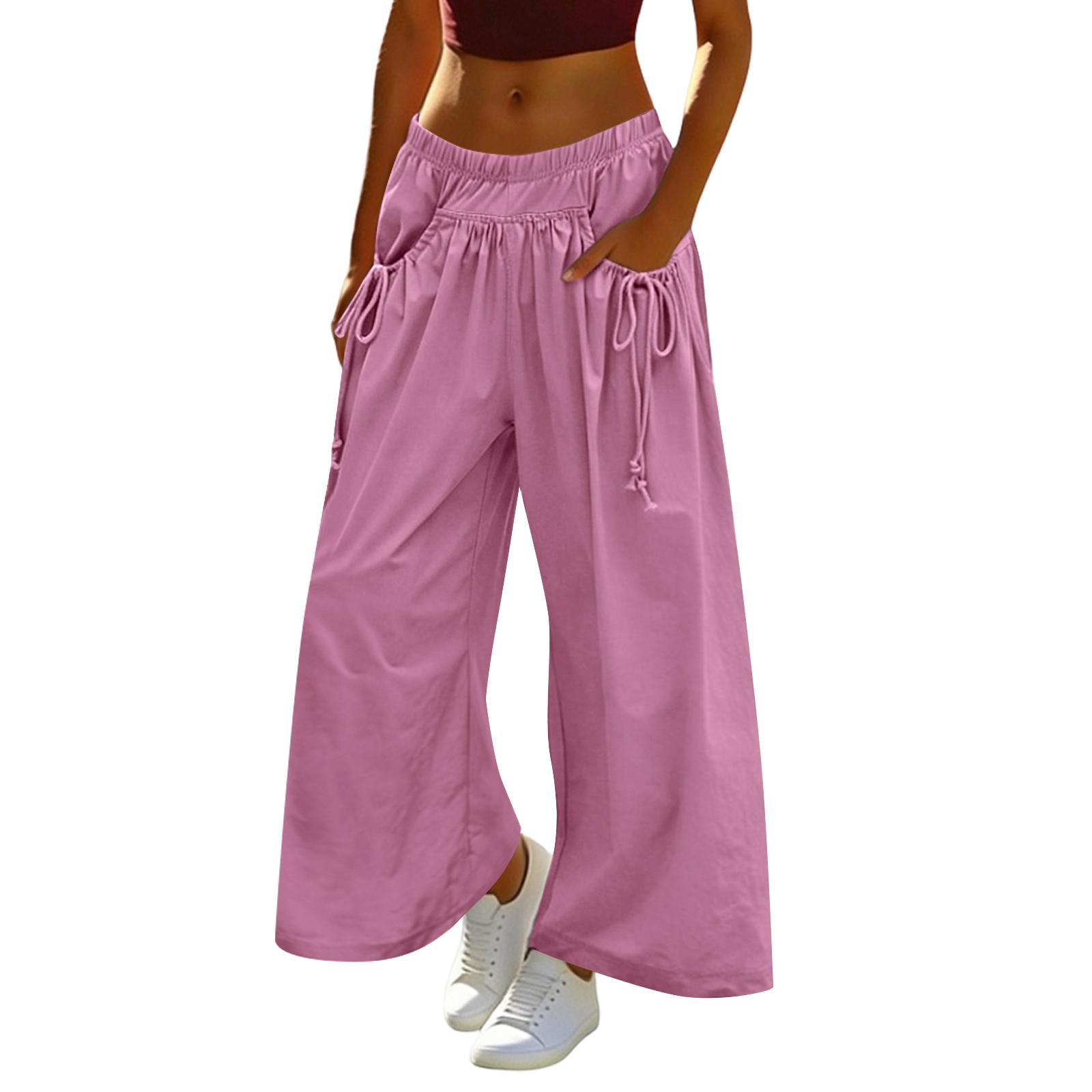 

Women s Loose Wide-leg Sweatpants, With Drawstring Pockets, Elastic Waistband, Three-quarter Length, Hiking Pants XL рожевий