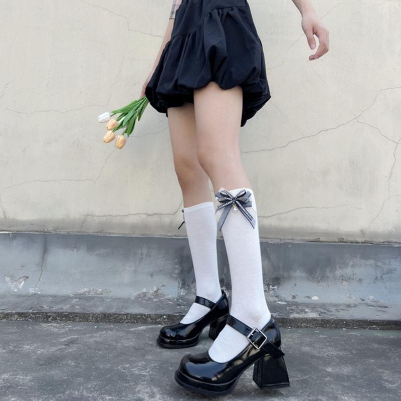 1 Pair Princess Style Dress Socks for Girl Calf Tube Frilly Socks Ballet Socks Ruffle Calf Socks with Bows Lace Top Sock