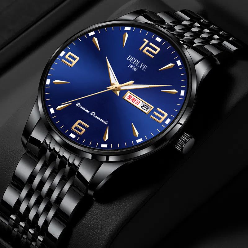 Men's Ultra-Thin Luminous Waterproof Alloy Wristwatch with English-Chinese Calendar and Solid Steel Band