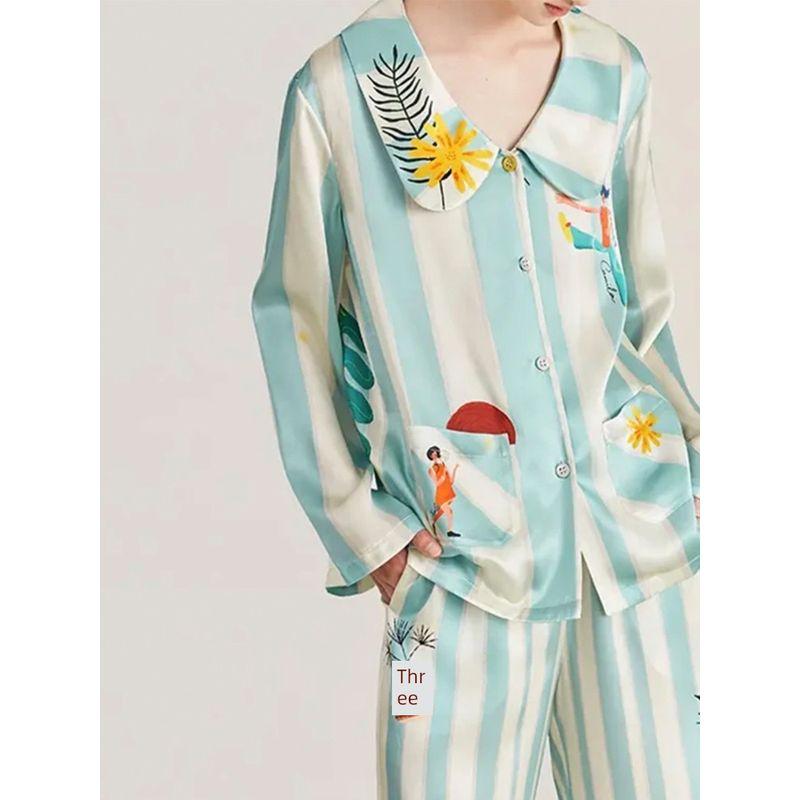 

French Accessible Luxury ~ Mint Mambo Forest Moonlight Satin Surface Pajamas Women s Suit Women s Long-Sleeved Pants Korean Style Home Wear Intoxicated Forest M