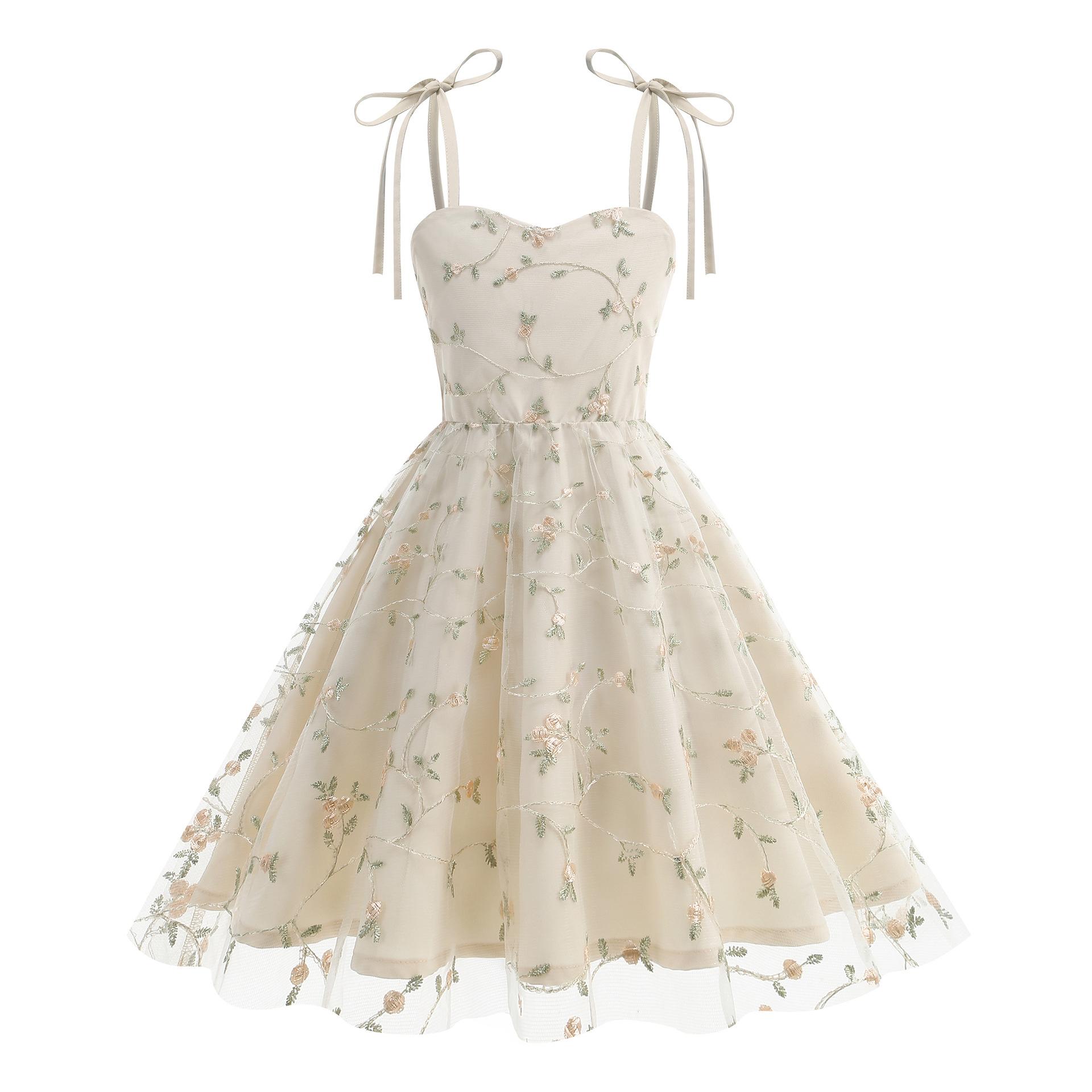 Girls Fashion Spaghetti-Strap Dress: Tulle Embroidered Bow Princess Dress For Summer L абрикосовый