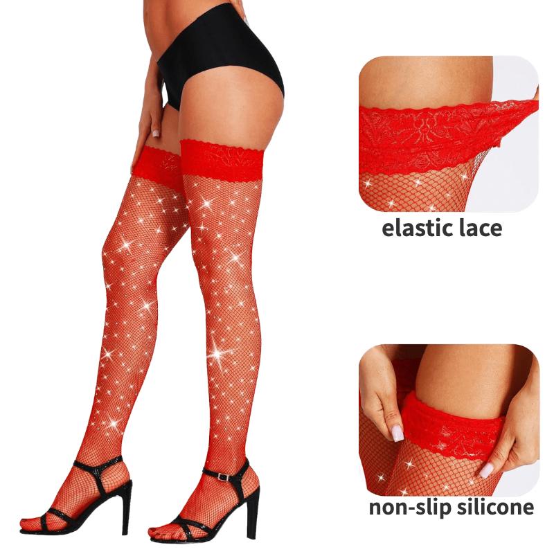 

Popular Women Non Slip Silicone Sparkly Rhinestone Stockings Fishnet Thigh High Socks Girls Lace Top Hosiery Stay Up Stocking have silicone червоний