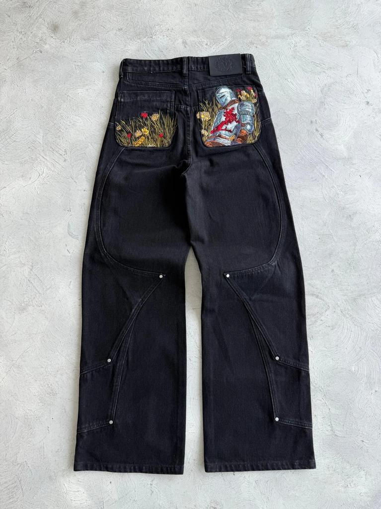 High-quality European and American Vescartes jeans, vintage heavy industry embroidered wide-leg cherry blossom jeans for men and women
