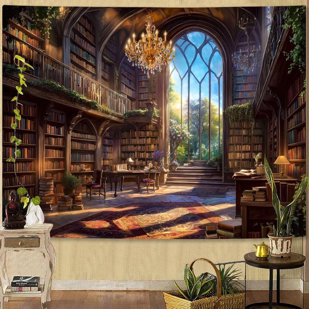 Forest Library Tapestry Tree Bookshelf Tapestries Wall Hanging Vintage Fantasy Fairy Treehouse Book Large Tapestry for Bedroom