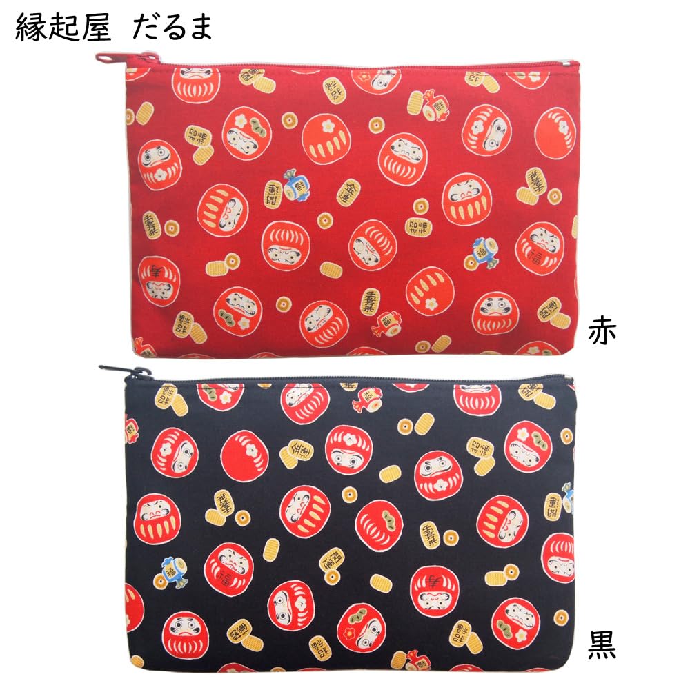 Kyosuke Made in Japan Cotton Pouch for Cosmetics and 19cm x Flat Pouch with Daruma Red Makeup, 12.5cm, Small, Design,