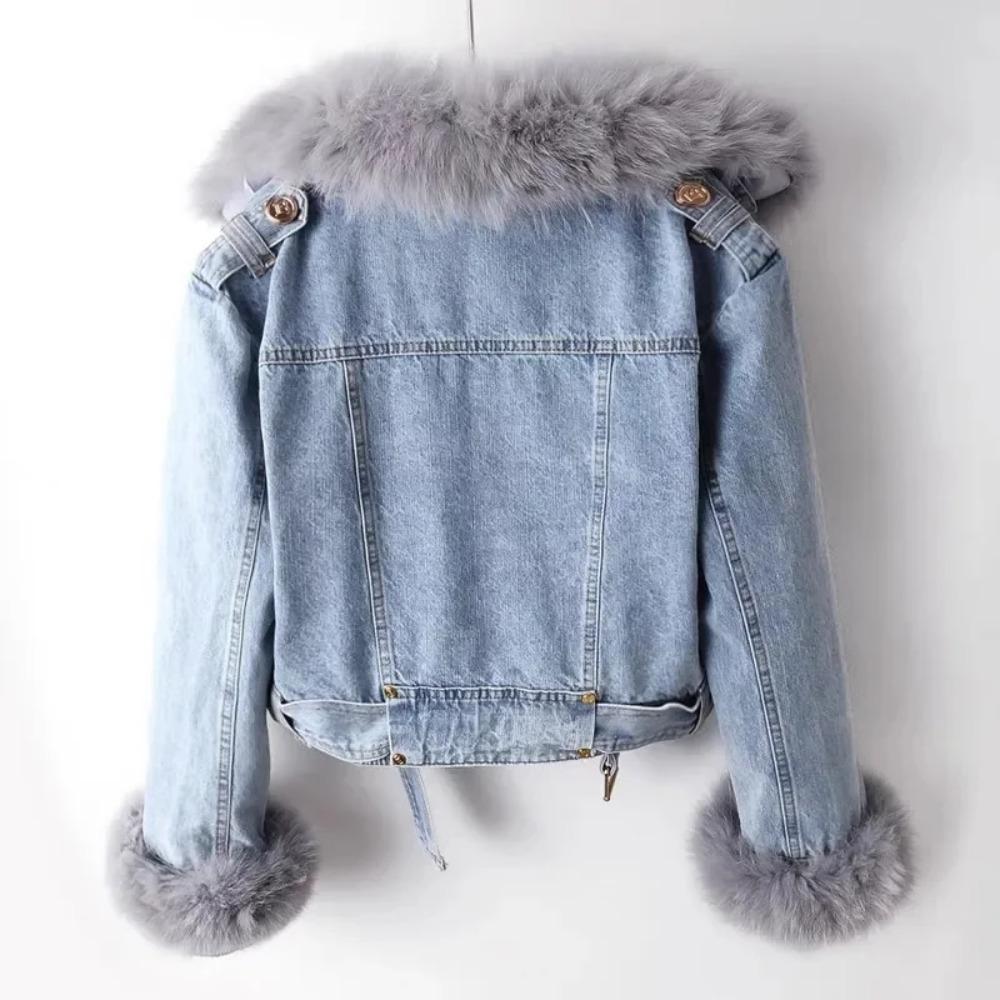 Detachable Faux Fox Fur Rabbit Fur Inner Lining Denim Jacket Women's Short Top Female Warm Parker Outwear