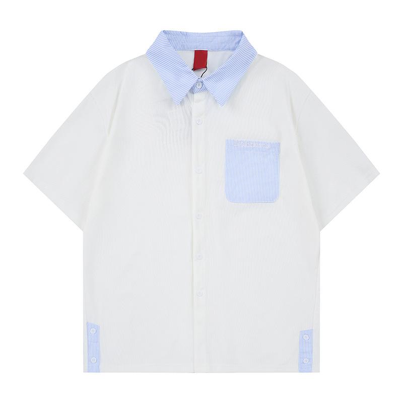 Camicia a maniche medie con patchwork a colori contrastanti da uomo, tendenza estiva, marca, camicia con tasca a maniche a tre quarti, giacca casual da teppista, bella, larga, pigra