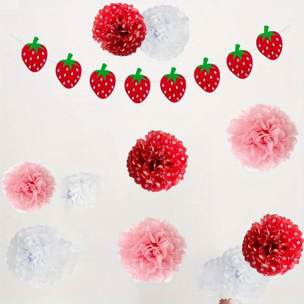 22pcs Strawberry Tissue Pom Poms - Red, Pink, White Decorations Set with Green Leaves, Perfect for 1st Birthday Decorations