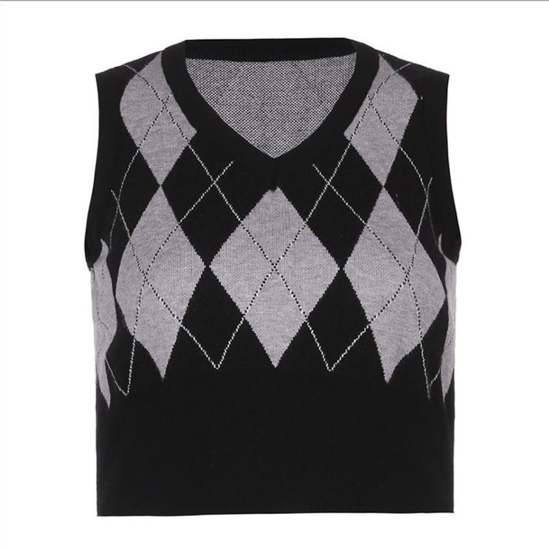 Holiday Autumn and Winter Personalized Fashion New Arrival Woolen Women's Clothing Sexy Plaid Color Contrast Short Sleeveless Vest Tops