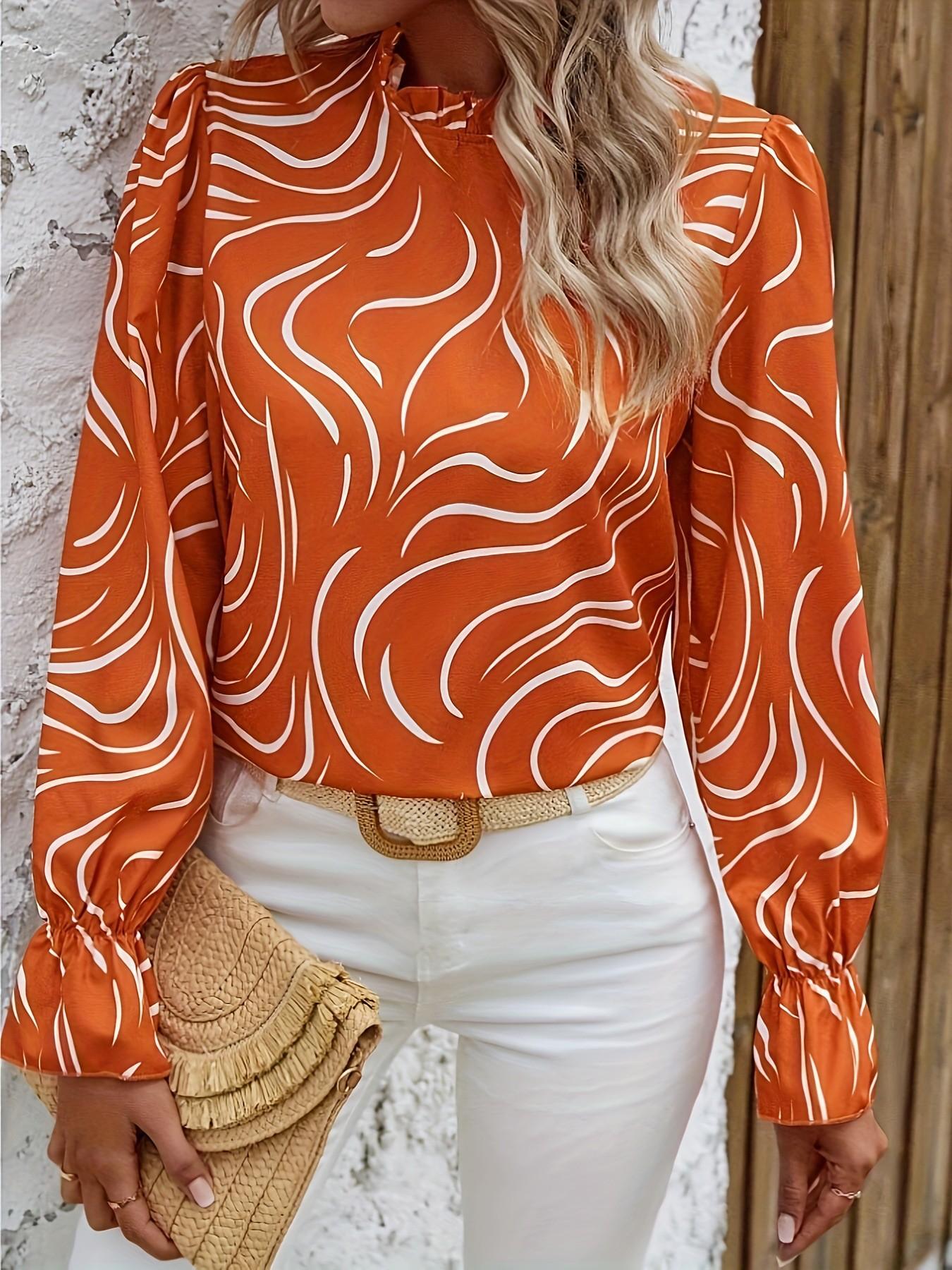 

Женская рубашка из рами с принтом и воротником-стойкой L оранжевый