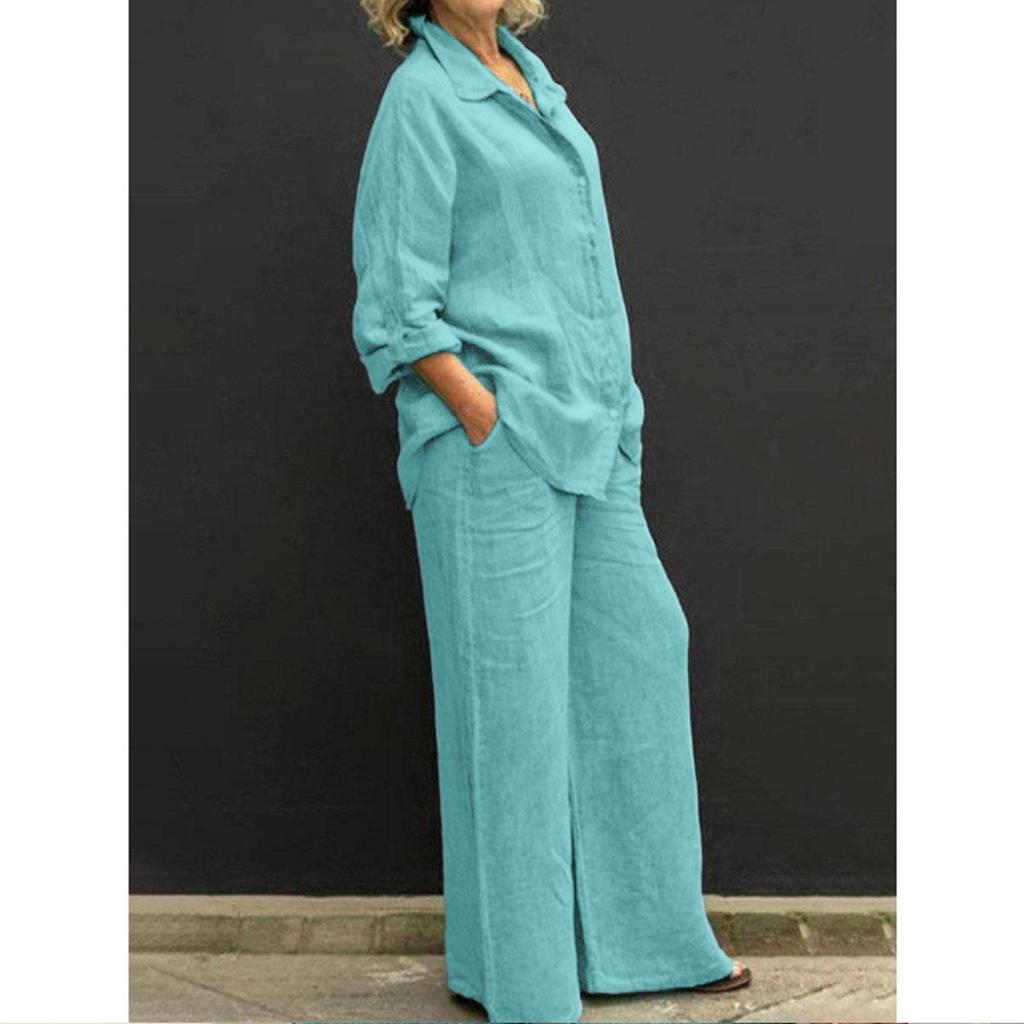 Damen Casual Langarm Knopfleiste Cardigan Hemd und Weite Hosen Set Lockerer Sitz Zweiteiliges Outfit Geeignet für den täglichen Gebrauch