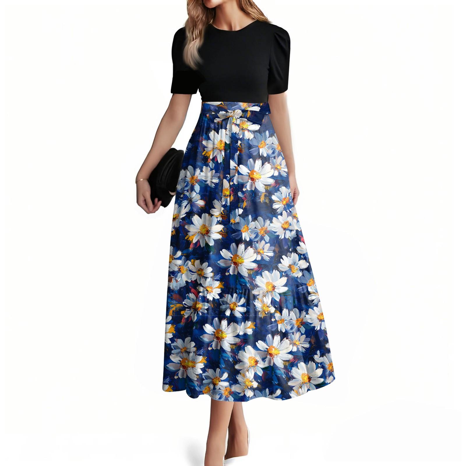 

Women s Fashion Casual Belt Short Sleeve Round Neck Stitching Elegant Temperament Dress XL