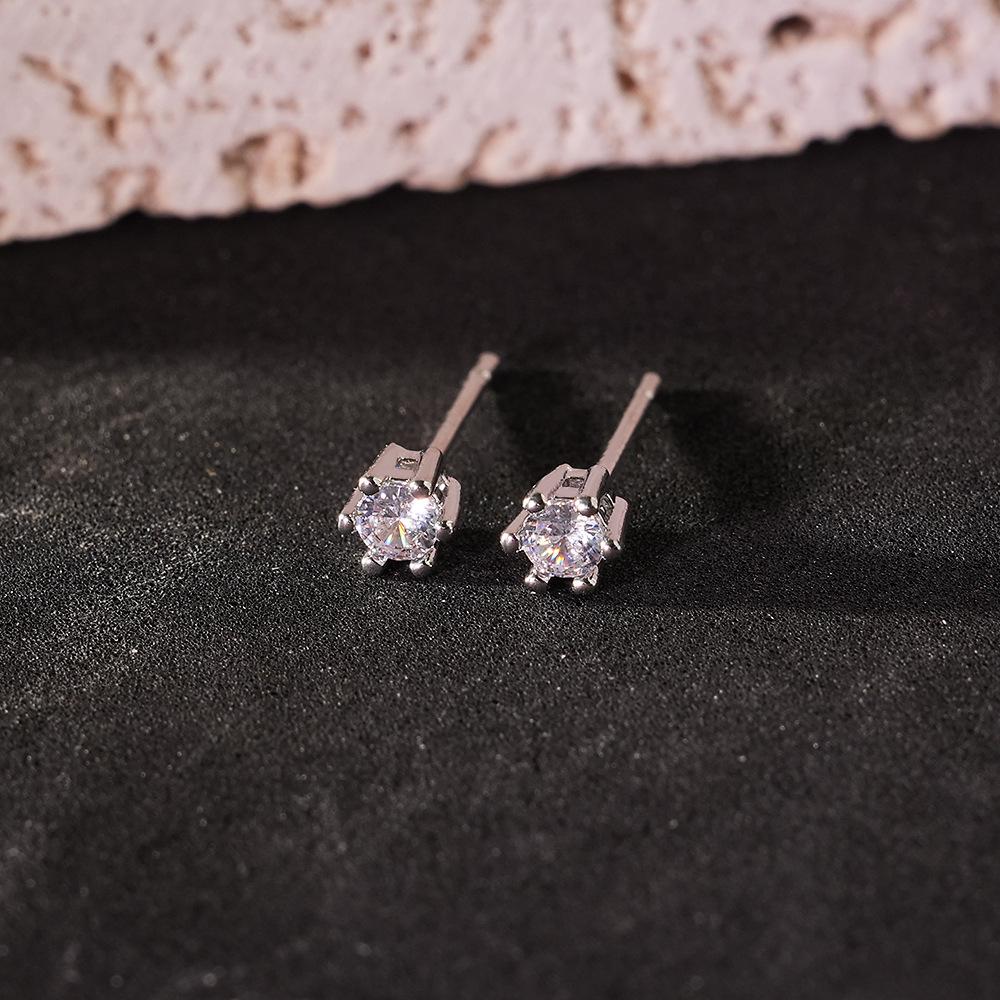 S925 Silver Zircon Stud Earrings, White Gold Plated, European & American Style