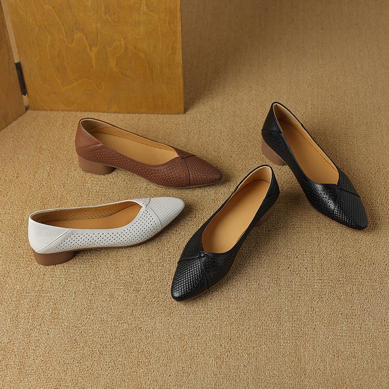 Krazing Pot Schafsleder Frühling Sommer Größe 41 Dicke Niedrige Absätze Damen Spitz Zehenbereich Hohle Dekoration Atmungsaktiv Slipper Pumps