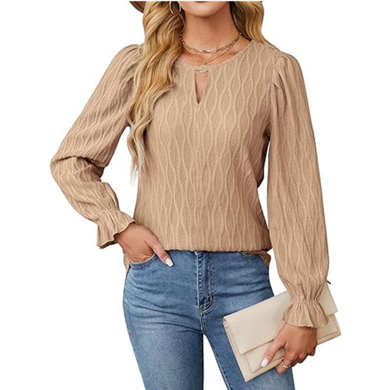 Autumn Winter Solid Color T-Shirts Jacquard Round Neck Long Sleeved Top for Women's Clothing