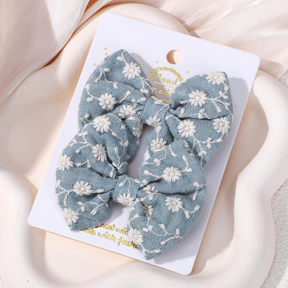 2Pcs/set Bows for Girls Hair Pins Embroidery Printing Hair Clips Solid Color Bowknot Handmade Barrettes Kids Hair Accessories