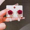 Vintage Red Velvet Flower Pearl Pendant Earrings - Elegant Stud Jewelry for Women