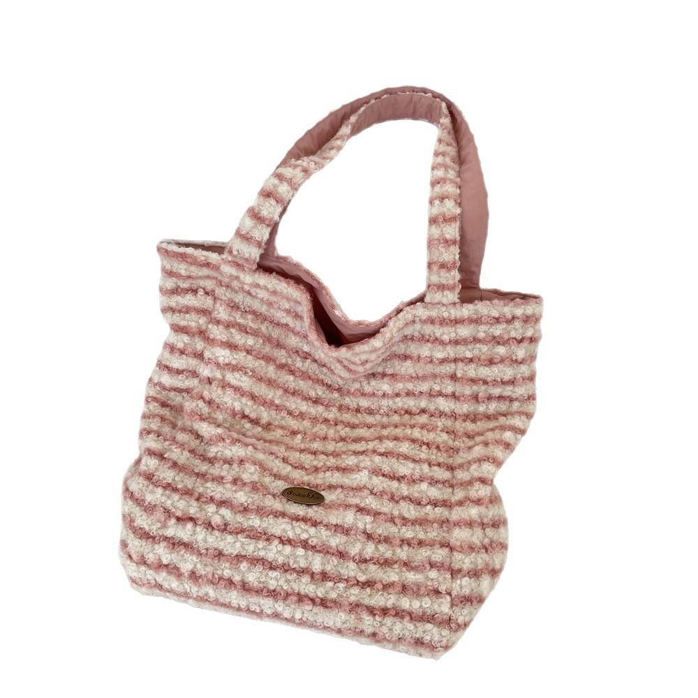 Simple Stripes Double Sided Back Faux Lamb Wool Women's Shoulder Bags Versatile Female Tote Bag Large Capacity Ladies Handbag