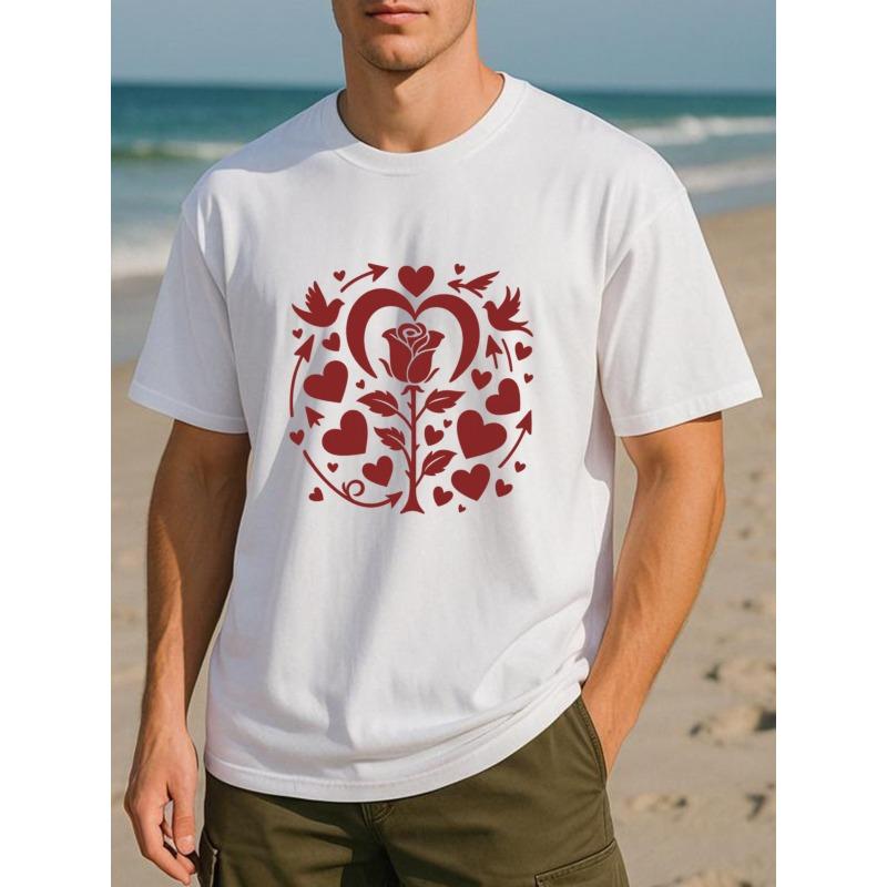 

Мужская рубашка с коротким рукавом европейского размера с принтом розы Цветущее сердце ко Дню святого Валентина, разработана для регулярного впитывания пота и быстрого высыхания S белый