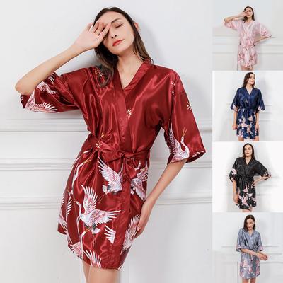 Puntos Verano Hielo Seda Tela Mujer Señora Camisón Estampado de flores Albornoz corto