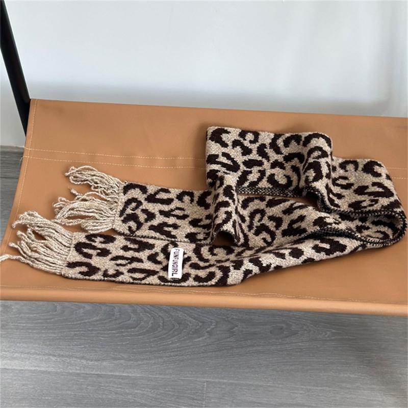 Vintage Leopards Print Tassels Scarf Soft Acrylic Neckerchief Warm Fashion Scarves for Women Warm Accessory