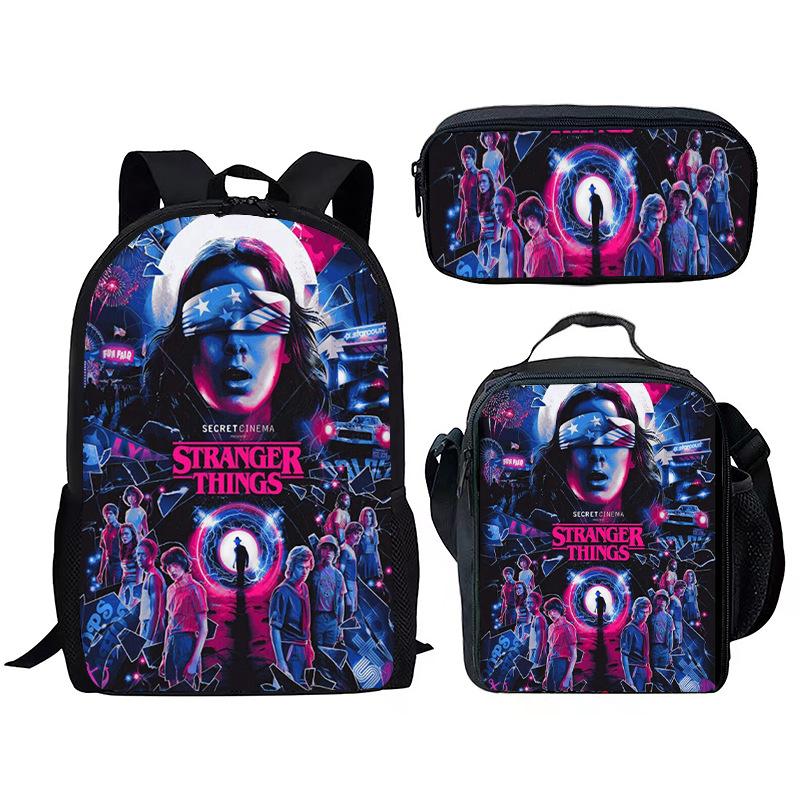 Stranger Things Schoolbag, Pencil Bag, Meal Bag To Map Z Three-Piece Large-Capacity Backpack Colorful