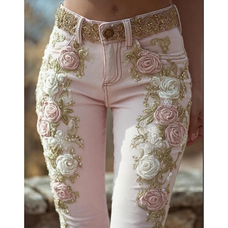 Women`s Vintage Pink Rose Embroidered Art