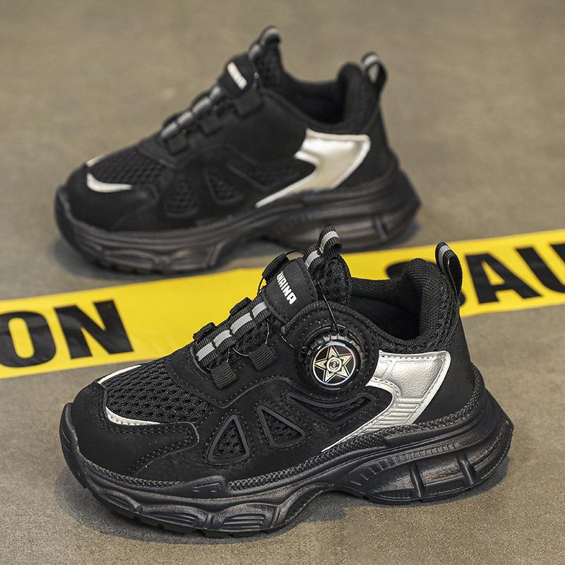 Children's mesh sneakers 2025 autumn new boys rotating button dad shoes solid color basketball shoes classmates