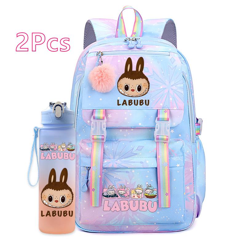 2Pcs/set Cute Printed Backpack with 750Ml Outdoor Sports Water Bottle Student Girl Boy Schoolbag Large Capacity Travel Bag Gift