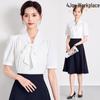 Women's High-End Short Sleeve White Chiffon Blouse with Ribbon Tie - Professional Formal Interview Top
