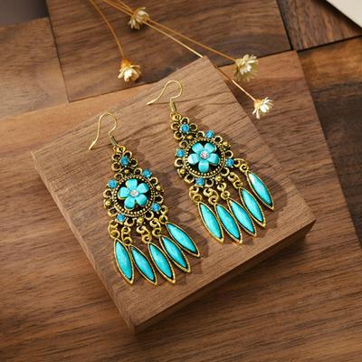 Yousheng 1 Pair Women Earrings Flower Shape Tassel Shiny Rhinestone Drop Earrings for Prom