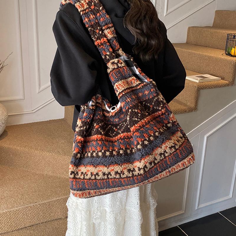 Women's Striped Plush Shopper Tote Bag Lightweight Large Capacity Ethnic Style Shoulder Bag Fluffy Casual Winter Underarm Bags