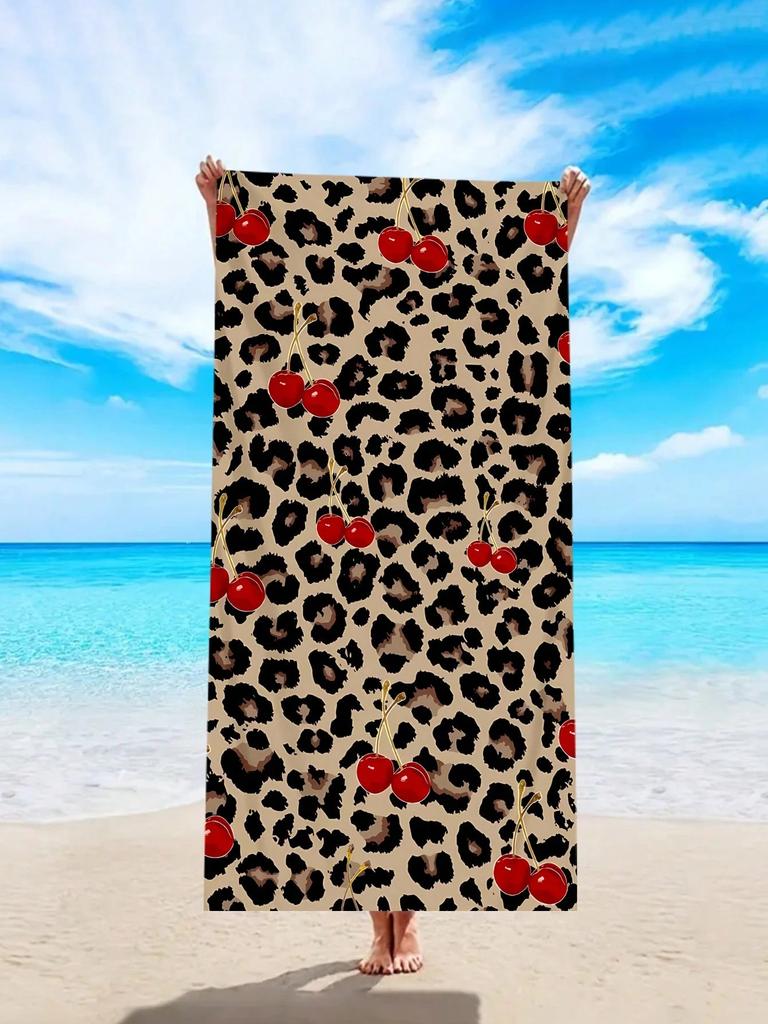 1PC Leopard Cherry Polyester Beach Towel, 2D Printed, All-Season, Lightweight Quick-Dry Soft, Camping/Surfing/Swimming, Unisex