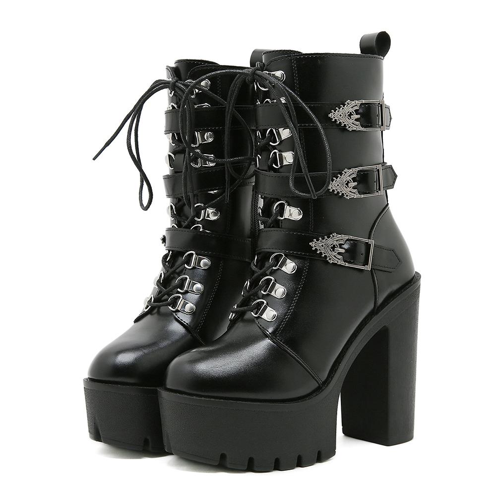 Gdgydh Punk Goth Women Motorcycle Boots Block High Heels Platform Shoes Woman Fashion Buckle Design Cool Street Winter Boots