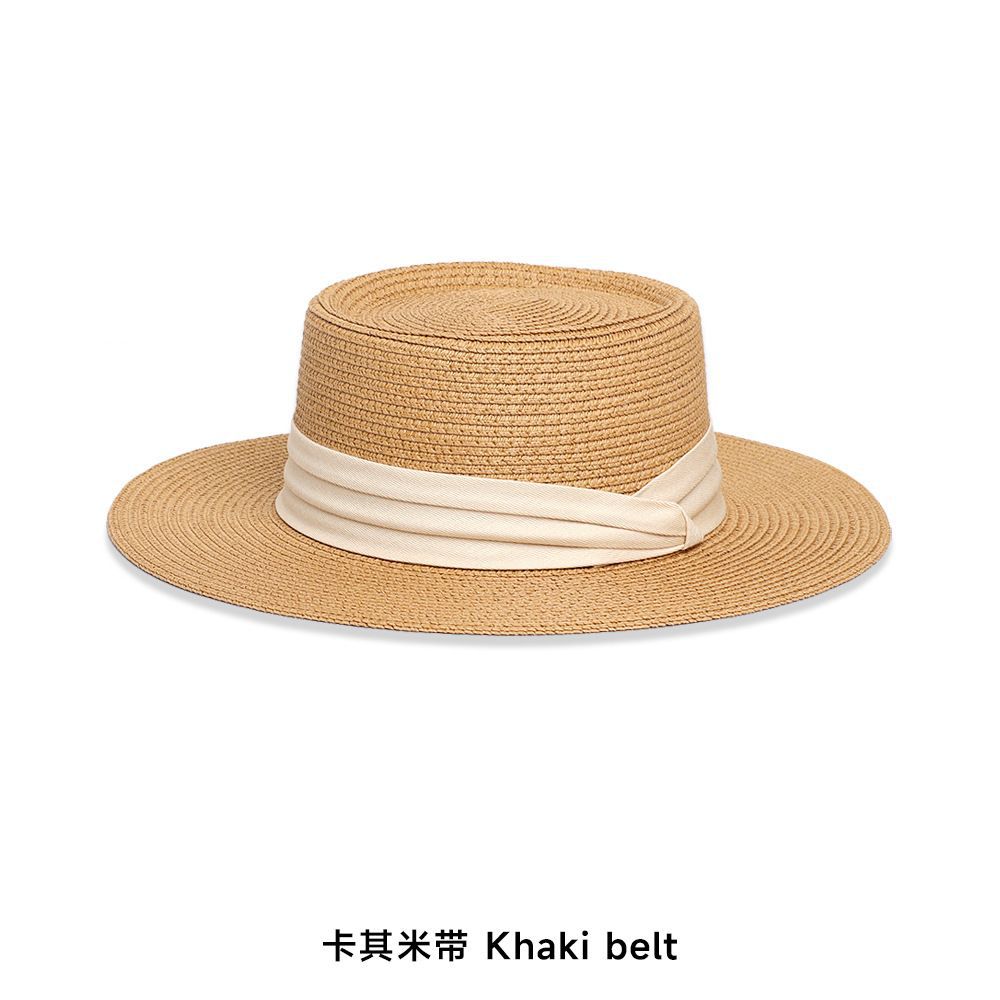 Straw Hat Women's Fashion Elegant Pleated Ribbon Flat-top Sunshade Hat Vacation Travel Sunscreen Hat