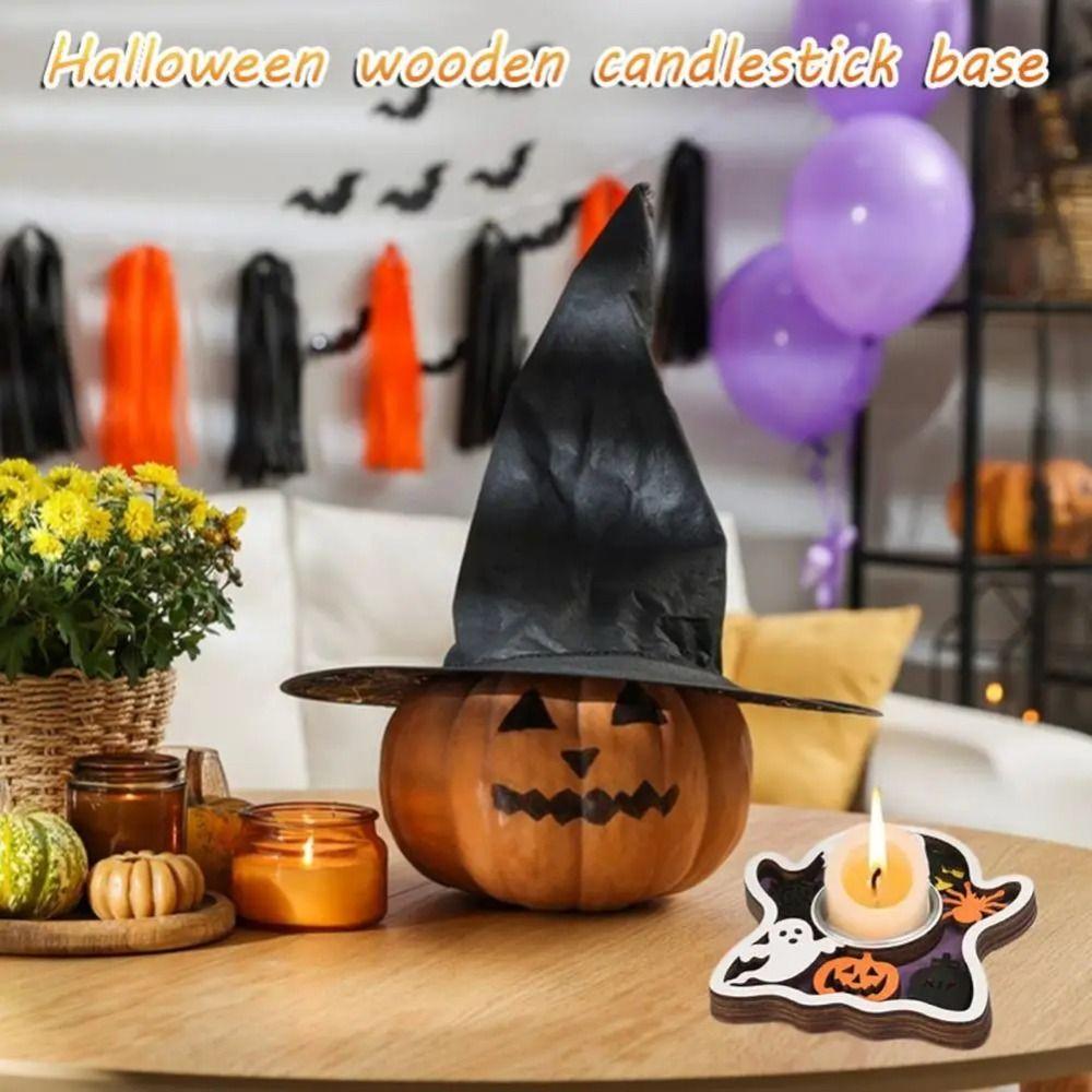 Romantischer Halloween-Kerzenhalter, 3D-Kreativer Kürbis-Geist-Kerzenständer, mehrschichtig, mit Metallfuß, Kerzenständer aus Holz
