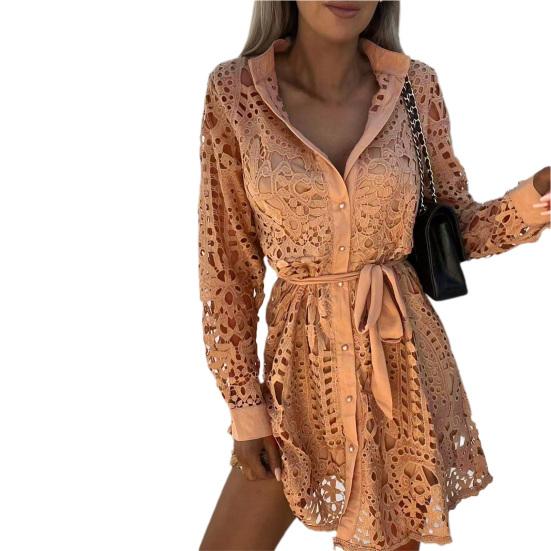 

Платье-рубашка, ажурное кружевное весенне-летнее облегающее платье с поясом для повседневной носки L коричневый