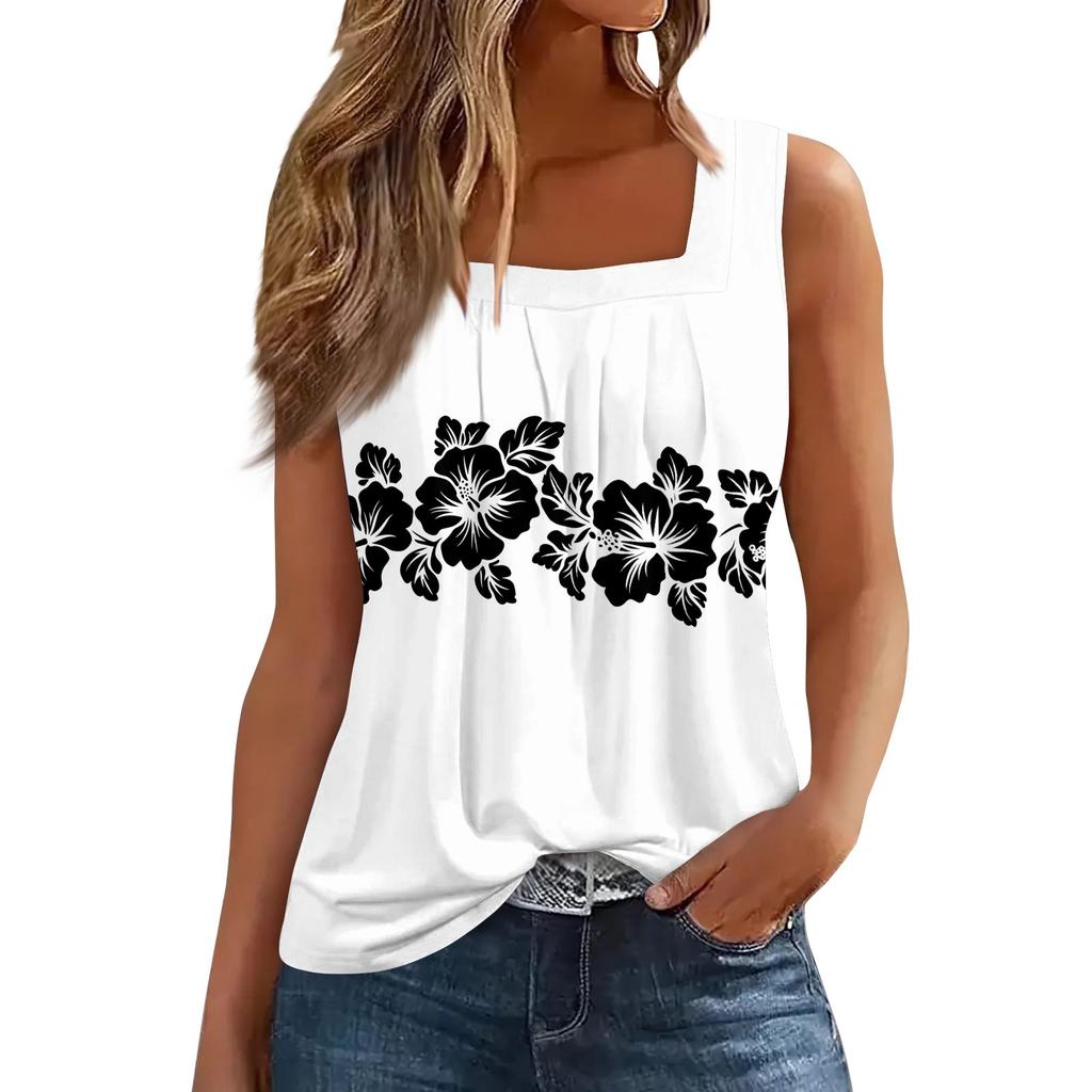 Women's Pleated Square Collar Sleeveless Vest Print T-shirt